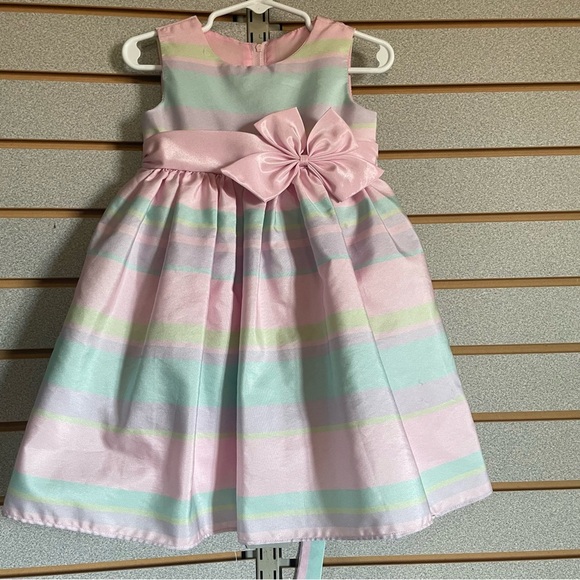 Elegant Pastel Striped Kids Dress with Bow - Picture 1 of 5